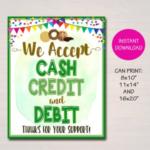 Wij accepteren betalingen ondertekenen contant, credit debit, fondsenwerving booth, bake sale, cookie booth afdrukbare scouts cookie banner, cookie booth poster