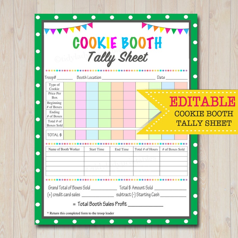 EDITABLE Cookie Booth Tally Sheet,  INSTANT DOWNLOAD, Troop Leader Printable, Cookies Sales Tracker, Cookie Booth Organizer 