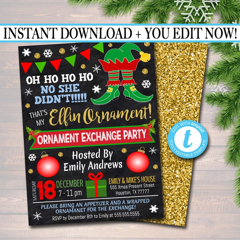 Items similar to christmas holiday gift exchange party invitation blue or green with red wrapped Christmas Ornament Exchange Party Invitation Xmas Ladies - Etsy