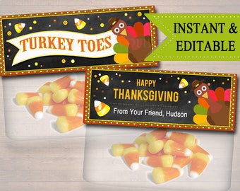 EDITABLE Thanksgiving Treat Bag Toppers, Thanksgiving Favor Tags, Turkey Toes Candy Corn Labels, Printable Kids Labels, INSTANT DOWNLOAD