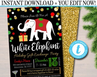May include: Editable invitation for a White Elephant Holiday Gift Exchange Party. The invitation features a black background with a white elephant wearing a red and green Christmas sweater. The text on the invitation includes the date, time, location, and RSVP information.