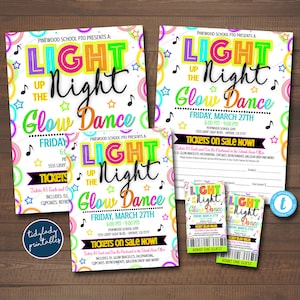 Light Up the Night Glow Dance Set, druckbares Schultanz-Flyer-Party-Einladungsticket, Kirchengemeinschaftsveranstaltung, Schule pto pta, EDITIERBAR
