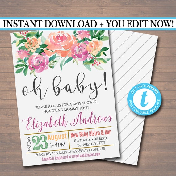EDITABLE Oh Baby! Baby Shower Invitation, Baby Sprinkle Invite, Boho Chic Bohemian Watercolor Floral, Black White Stripes, INSTANT DOWNLOAD Il_570xn