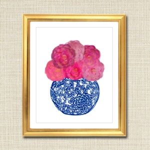 Blue and White Ginger Jar Digital Art Print, Chinoisierie Chic, INSTANT DOWNLOAD, Blue and White Chinoiserie Vase, Pink Peonies, Pink Roses