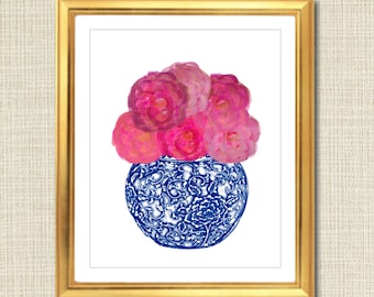 Blue and White Ginger Jar Digital Art Print, Chinoisierie Chic, INSTANT DOWNLOAD, Blue and White Chinoiserie Vase, Pink Peonies, Pink Roses