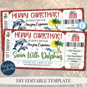 May include: Red and white Christmas gift voucher with a picture of dolphins swimming in the ocean. The voucher is for an "Amazing Experience" - Swim with Dolphins. The voucher is dated January 20, 20XX.