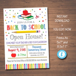 BEWERKBARE school open huis flyer, afdrukbare PTA PTO flyer, school fondsenwerving poster, terug naar school uitnodigen, afdrukbare uitnodiging