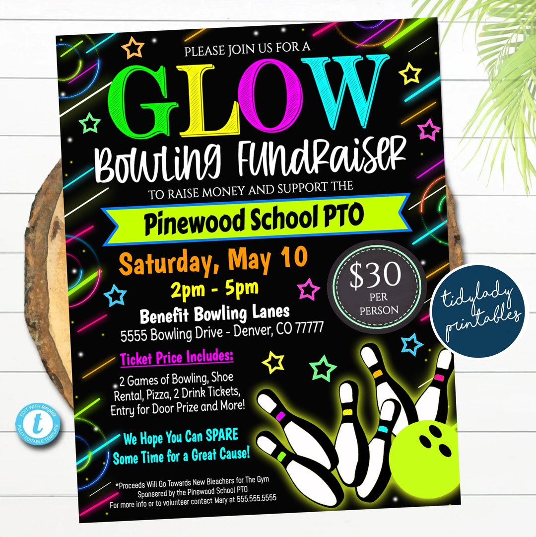 Glowing Raffle Sign Glow Bowling Fundraiser Flyer: Editable School PTA PTO Event (digital ...