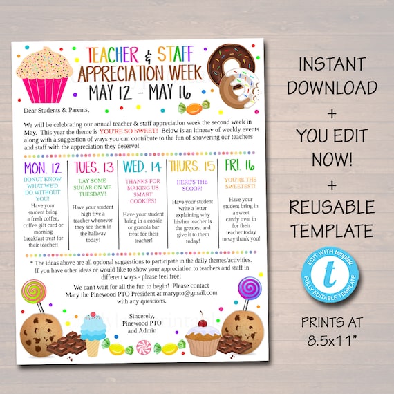 Editable Sweet Candy Theme Teacher Appreciation Invitation Newsletter, Printable Appreciation Week Events, Take Home Flyer, INSTANT DOWNLOAD Il_570xn