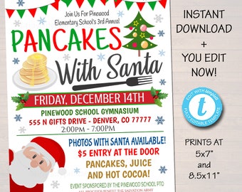 May include: A red and white printable flyer for a pancake breakfast with Santa. The flyer features a cartoon Santa Claus, a stack of pancakes, and a Christmas tree. The event is on Friday, December 14th at Pinewood School Gymnasium, 555 N Gifts Drive, Denver, CO 77777 from 2:00 PM to 7:00 PM. Photos with Santa are available for $5 entry at the door. The event includes pancakes, juice, and hot cocoa. The event is sponsored by the Pinewood School PTO and all proceeds benefit the Salvation Army.
