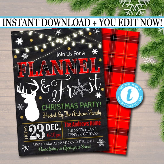 editable flannel and frost xmas party invitation christmas etsy