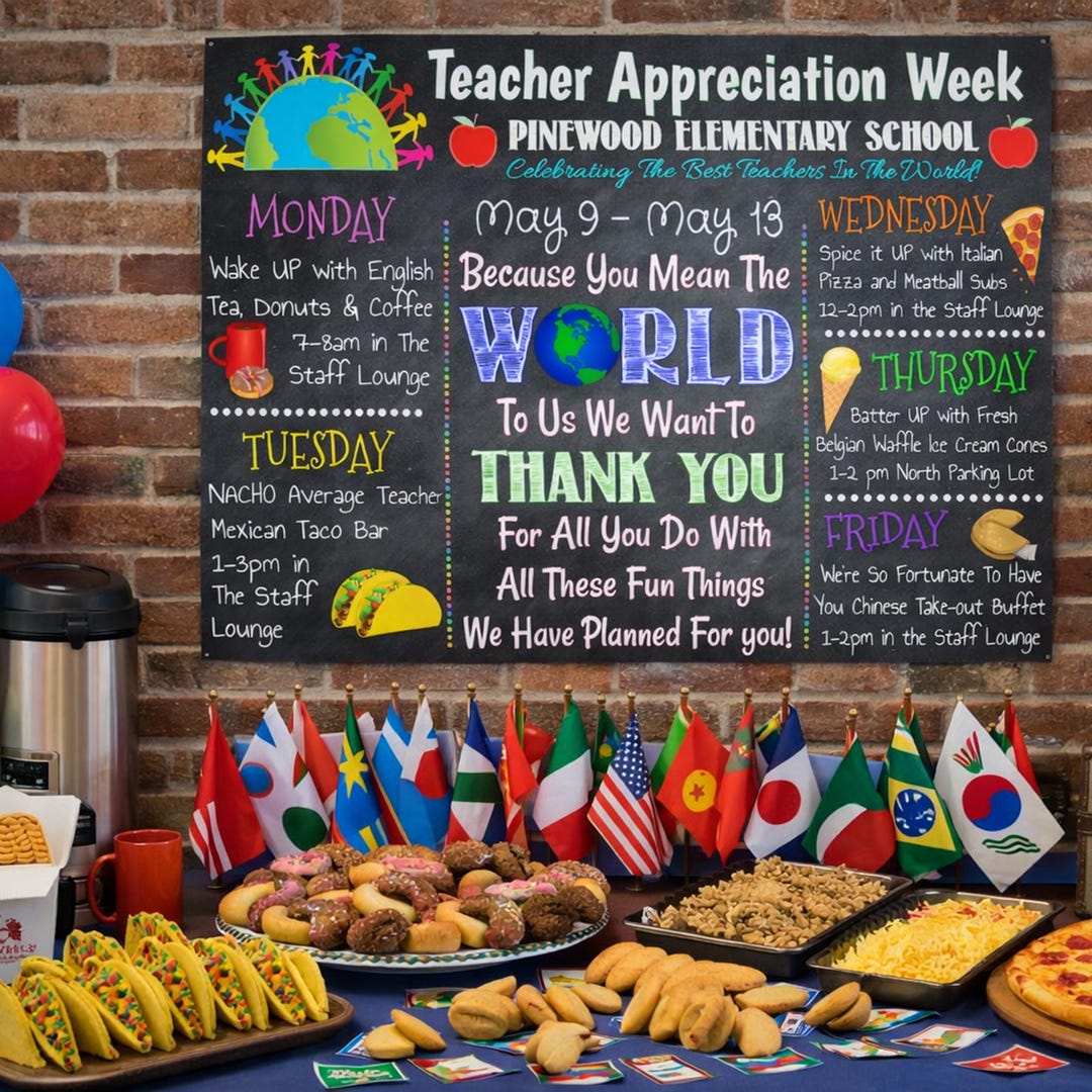 Editable World Theme Teacher Appreciation Week Itinerary Poster, Staff ...