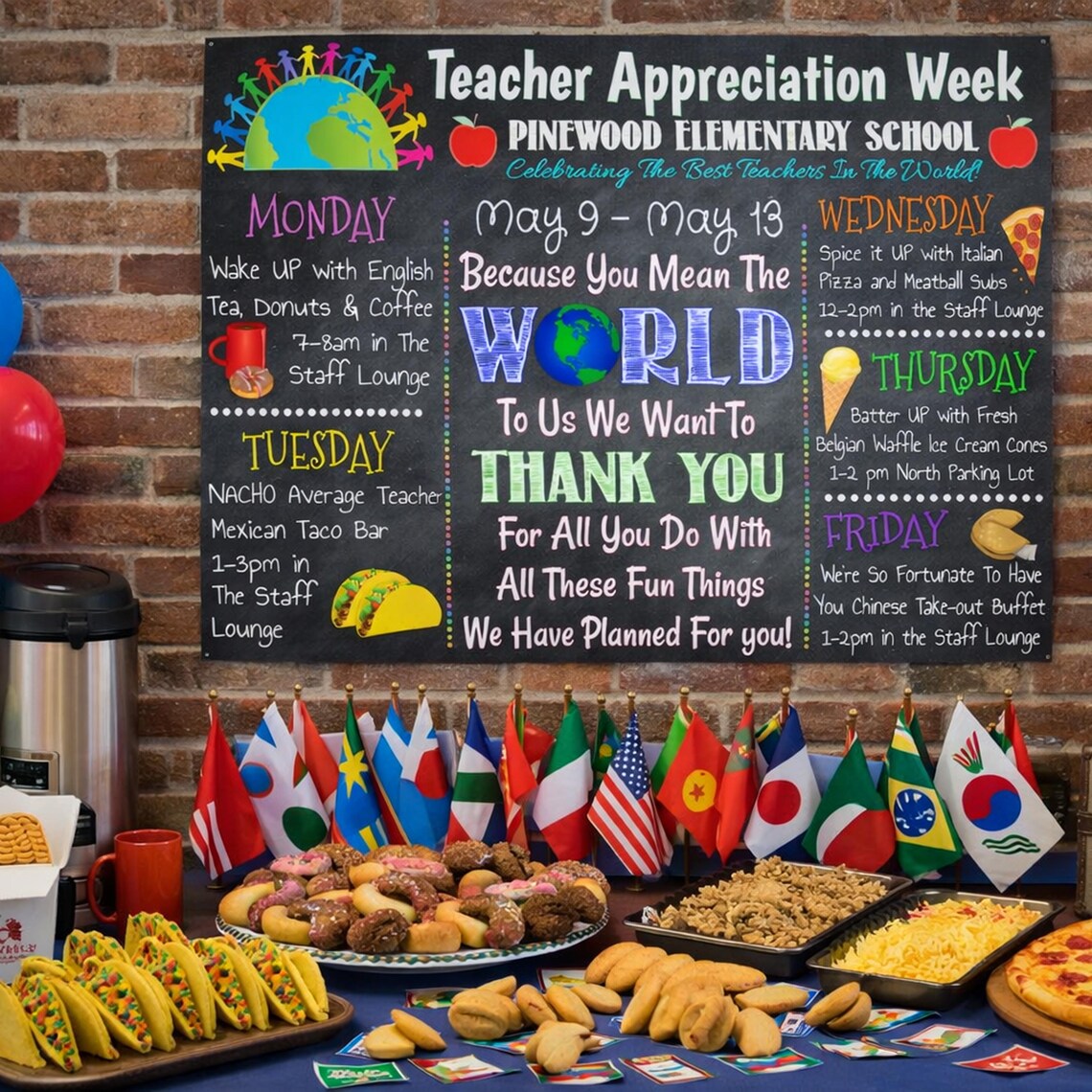 Editable World Theme Teacher Appreciation Week Itinerary Poster, Staff ...