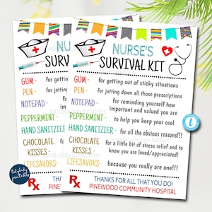 Étiquettes-cadeaux de kit de survie d'infirmière, journée nationale des infirmières, semaine d'appréciation du personnel médical, carte-cadeau de remerciement, modèle modifiable bricolage imprimable