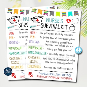 Nurse Survival Kit Gift Tags, National Nurses Day, Medical Staff Appreciation Week, Thank you Gift Card, Printable DIY Editable Template imagem 1