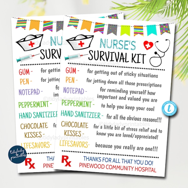 Nurse Survival Kit Gift Tags, National Nurses Day, Medical Staff Appreciation Week, Thank you Gift Card, Printable DIY Editable Template