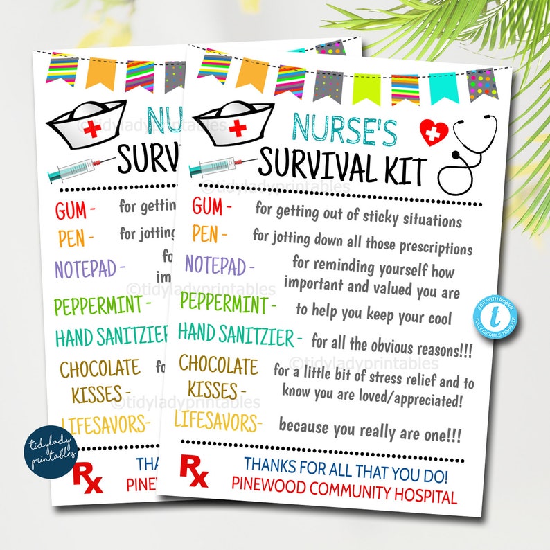 Nurse Survival Kit Gift Tags, National Nurses Day, Medical Staff Appreciation Week, Thank you Gift Card, Printable DIY Editable Template imagem 1