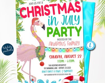Christmas in July Flamingo Invitation: Editable Pool Party (Digital Download)