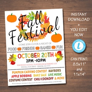 EDITABLE Fall Festival Fall Harvest Flyer/Poster Printable Halloween Invitation, Community Halloween Event, Church School Halloween Party