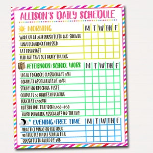 May include: A colorful daily schedule titled "Allison's Daily Schedule" with sections for morning, afternoon/school work, and evening/free time. Each section has a list of activities and a grid for the days of the week.