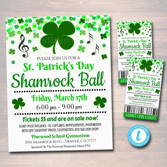 St. Patricks Day Dance Set School Dance Flyer Party Invite, Church Community Event, Shamrock Ball Dance, pto pta, INSTANT DOWNLOAD, Editable Il_570xn