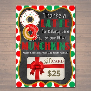 MODIFIABLE Noël Merci un Latte Coffee Donut Gift Card Holder Imprimable Teacher Gift Daycare Teacher Gift Babysitter Gift INSTANT DOWNLOAD