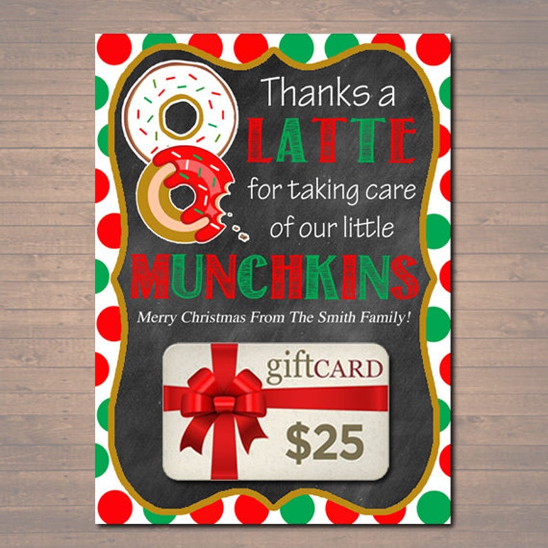 EDITABLE Christmas Thanks a Latte Coffee Donut Gift Card Holder Printable Teacher Gift Daycare Teacher Gift Babysitter Gift INSTANT DOWNLOAD image 1