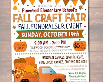 Puede incluir: Un folleto colorido que anuncia un mercado de artesanía de otoño y un evento de recaudación de fondos en la escuela primaria Pinewood. El folleto presenta un camión de dibujos animados lleno de calabazas y hojas de otoño. El evento se llevará a cabo el domingo 19 de octubre de 9:00 AM a 2:00 PM en el gimnasio de la escuela Pinewood. El folleto también menciona más de 75 vendedores y velas hechas a mano, joyas, jabones, decoración del hogar, dulces, ropa y mucho más.