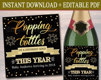 Baby Champagne Label New Years Pregnancy Announcement Printable Wine Label, New Years Eve Pregancy Reveal Poppin Bottles of a Different Kind