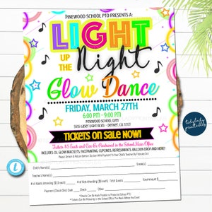 EDITIERBARE Glow Dance School Dance Take Home Sheet, Church Community Event, Permission Slip Neon Nights High School Dance, pto pta, EDITIERBAR