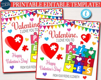 Valentine Puzzle Gift Tags, Pop-It Gift Labels Valentine's Day Teacher Classroom Tags Rainbow Kids Toy, Love You to Pieces EDITABLE TEMPLATE