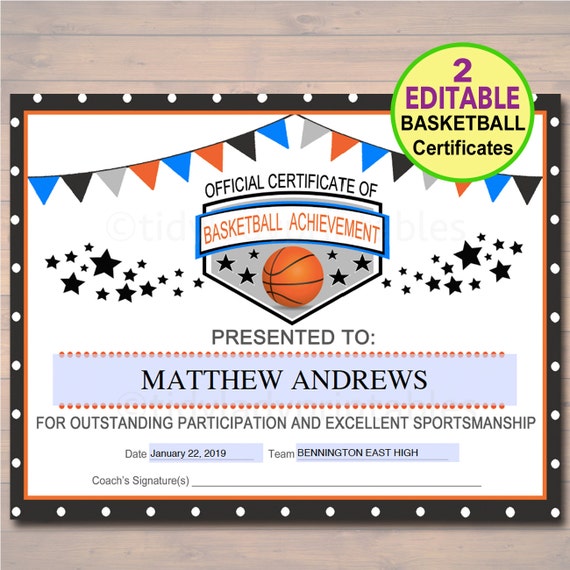 editable basketball certificates instant download basketball etsy basketball participation certificates