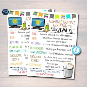 Etiquetas de regalo del kit de supervivencia del asistente administrativo, Día del profesional administrativo, Plantilla editable digital del día de las secretarias de regalos de recursos humanos del administrador