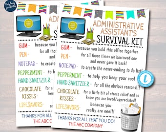 Administrative Assistant Survival Kit Gift Tags, Administrative Professional&#39;s Day, Admin HR Gifts Secretaries Day Digital Editable Template