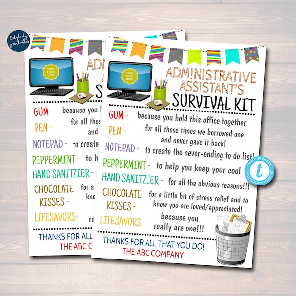 Administrative Assistant Survival Kit Gift Tags, Administrative Professional's Day, Admin HR Gifts Secretaries Day Digital Editable Template