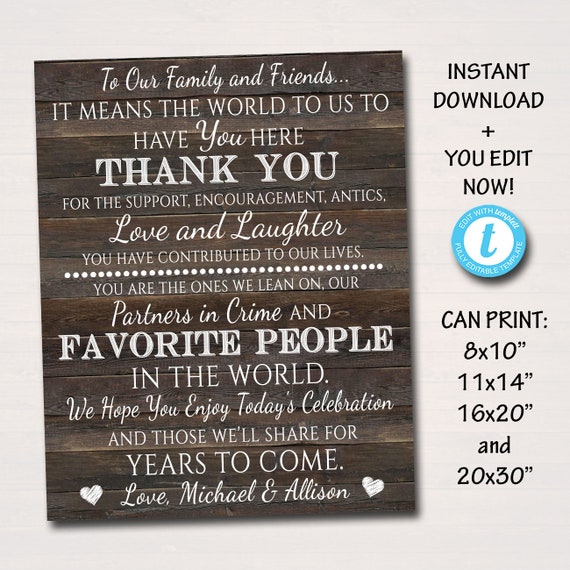 Wedding Thank You Sign TEMPLATE - PRINTABLE Digital Sign, Rustic Wood Wedding Thank You Family, Favorite People Personalized Reception Sign Il_570xn