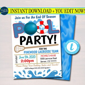 Editable Lacrosse Pool Party Invitation: End of Season (Digital Download)