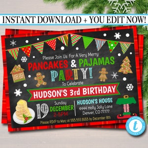 May include: A red and black plaid background with a chalkboard invitation for a Pancakes & Pajamas party to celebrate Hudson's 3rd birthday. The invitation includes details such as the date, time, and location of the party. The invitation also includes a gingerbread house, gingerbread man, and a stack of pancakes.