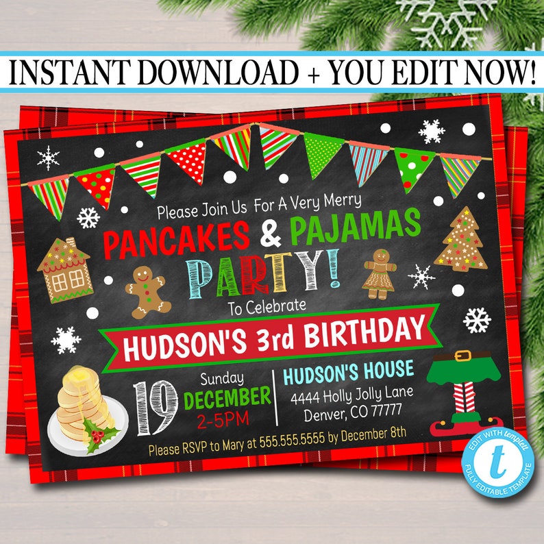 May include: A red and black plaid background with a chalkboard invitation for a Pancakes & Pajamas party to celebrate Hudson's 3rd birthday. The invitation includes details such as the date, time, and location of the party. The invitation also includes a gingerbread house, gingerbread man, and a stack of pancakes.
