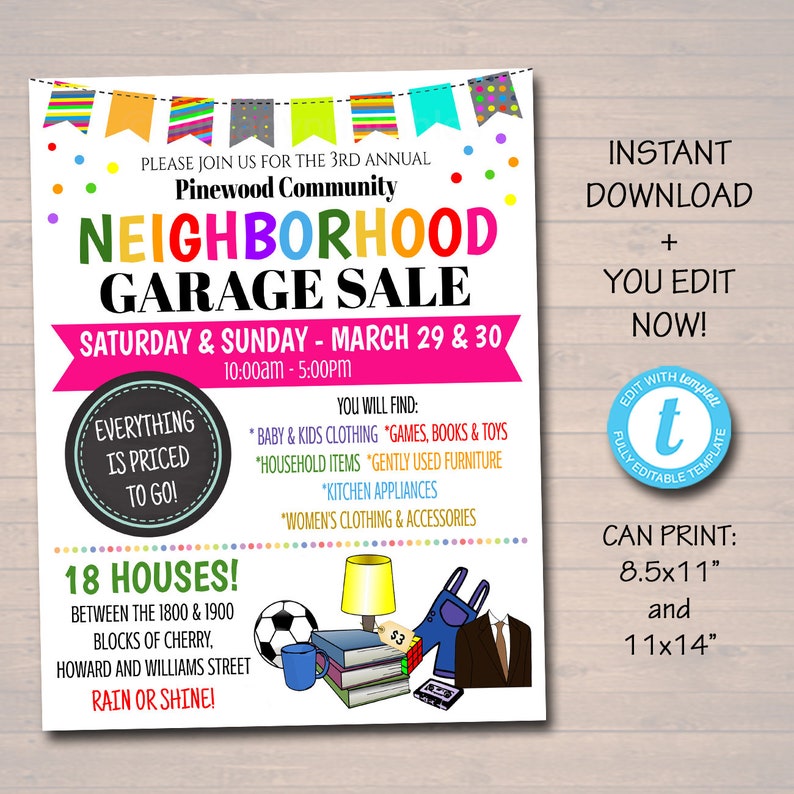 EDITABLE Garage Sale Flyer, Printable PTA PTO Flyer, School Church Fundraiser, Neighborhood Rummage Sale Event Poster, Digital Printable image 1
