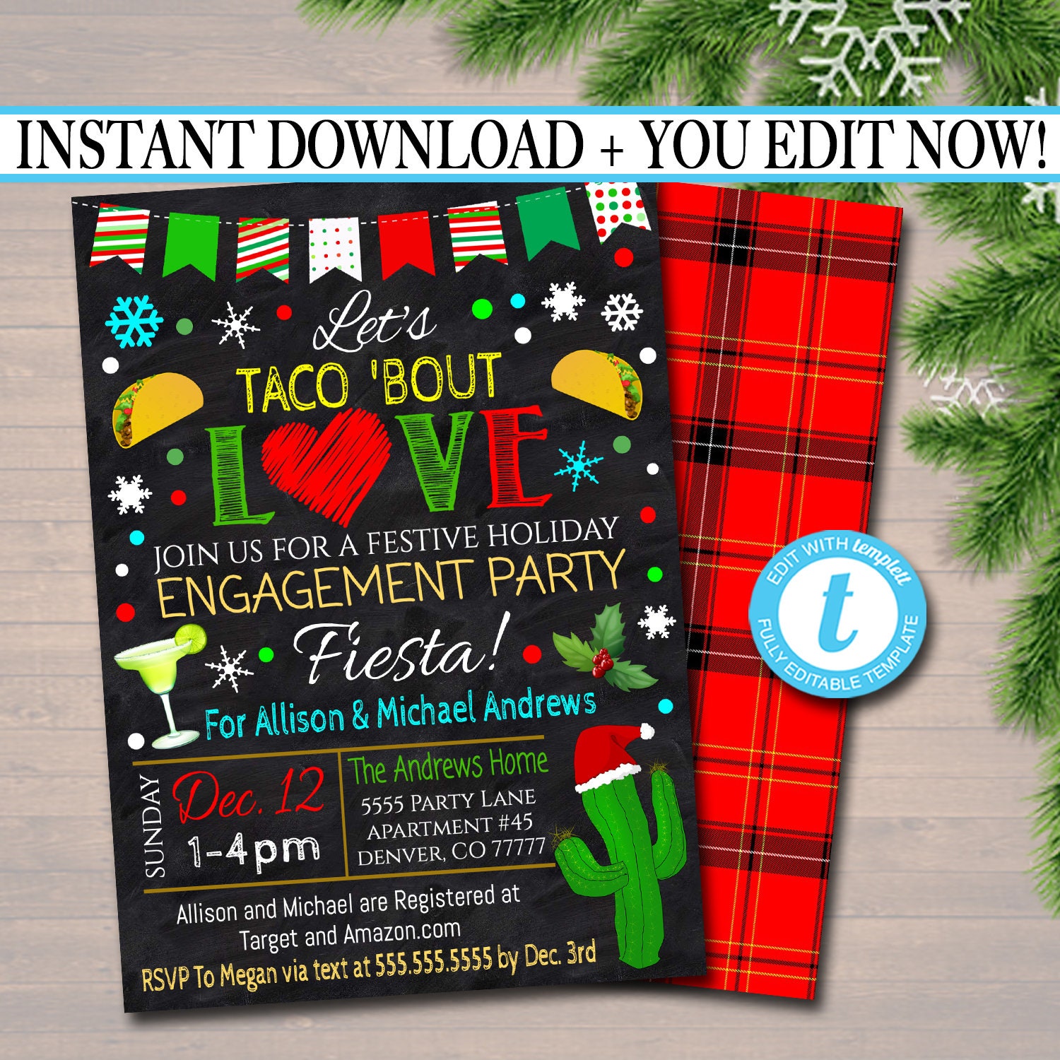 Mexican Christmas Taco bout a Party Editable Holiday Fiesta Invitation Printable Template INSTANT ACCESS 5x7 Feliz Navidad Invitation