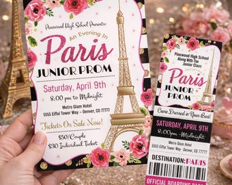 Editable Paris Theme Prom Ticket & Flyer Set: School Dance Invite (Digital Download)