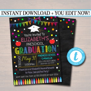 Editable Graduation Invitation Chalkboard Printable Kindergarten Preschool Pre K Graduate School Graduation Ceremony Invite INSTANT DOWNLOAD