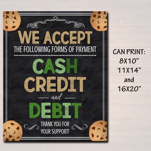 AFDRUKBAAR creditcardbord, fondsenwervingsstand, bakverkoop, cookiestandbord we accepteren creditcards Scouts cookiebanner, cookie booth poster