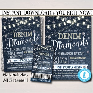 EDITIERBARE Denim und Diamanten Benefiz Fundraiser Einladung / Flyer / Ticket Set Digital Invite, Formelle Gala, Pto School Event, SOFORTIGER DOWNLOAD