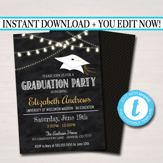Editable Graduation Invitation, Chalkboard Printable, College Graduate ...