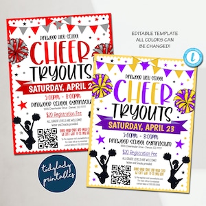 May include: A flyer for cheer tryouts at Pinewood High School. The flyer is yellow and purple with a cheerleader silhouette and pom-poms. The text reads "Cheer Tryouts" and "Saturday, April 23".