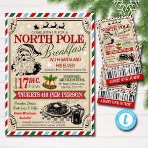 EDITIERBARE Frühstück mit Weihnachtsmann Flyer & Karten Nordpol Frühstückseinladung, Kinder Weihnachtsfeier, druckbare Community Holiday Event Flyer