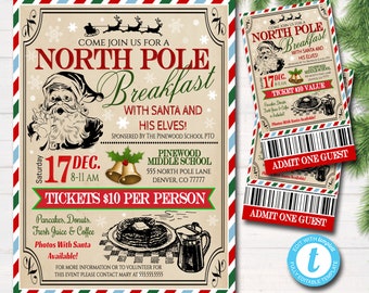 May include: A vintage-style invitation for a North Pole Breakfast with Santa and his elves. The invitation features a red, white and green colour scheme with a cartoon image of Santa Claus. The event is scheduled for 17th December from 8-11 AM and tickets are £10 per person. The event is sponsored by the Pinewood School PTO.