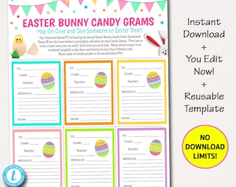 May include: Printable Easter Bunny Candy Gram template with colourful Easter egg graphics. The template includes fields for "To", "Grade", "Teacher", "Message", and "From".